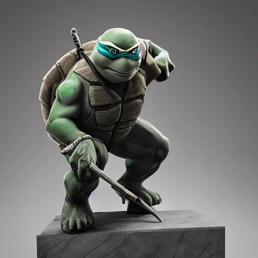 Prompt: teenage mutant ninja turtles as a sculpture by donatello, white marble, glossy, high details, cinematic