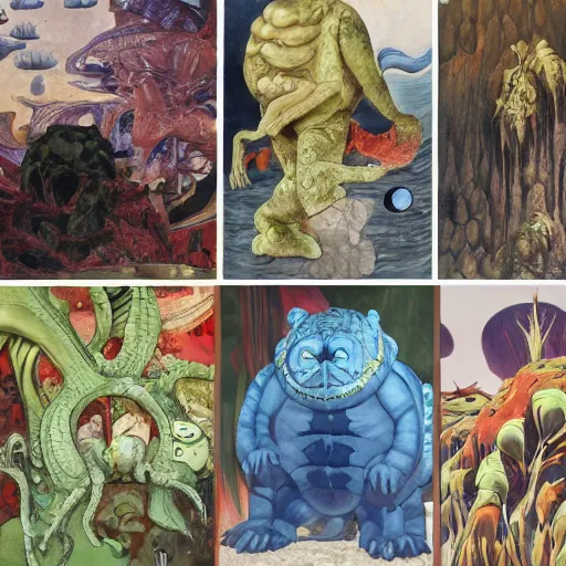 Image similar to a giant tardigrade kaiju retro japanese, monster slimy, oil painting, 7 0 s vintage art, by georgia o keeffe, by kay nielsen, by gustave dore, by frank frazetta, nausicaa, collage, by james gurney