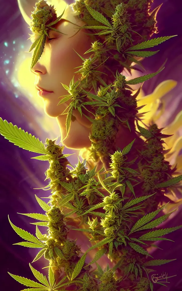 Image similar to epic scale cinematic marijuana deity character concept perfect focus closeup macro photography of a beautiful marijuana bud crystals trichomes, densely packed buds of weed, sacred dmt weed superheroine visionary art by greg rutkowski android jones artgerm alphonse mucha rule of thirds golden ratio alien plants