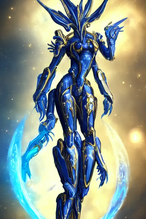 Image similar to intricate high detail elegant beautiful stunning quality cosmic huge goddess giantess hot female warframe anthro mecha female dragon, gold body, sleek metal ears, sleek eyes, smooth blue skin, sleek gold armor, bigger than galaxy, epic proportions, epic scale, epic size, warframe destiny art, furry, dragon art, goddess, giantess, furaffinity, octane