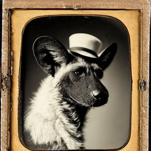 Image similar to A daguerreotype photograph of an African Wild Dog wearing a hat.