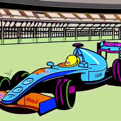 Image similar to formula 1 race, rick and Morty style