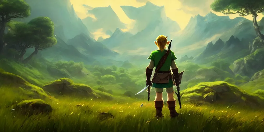 Prompt: the legend of zelda breathe of the wild, zelda standing on a green grassy landscape, extremely detailed digital painting, in the style of fenghua zhong and ruan jia and jeremy lipking and peter mohrbacher, mystical colors, rim light, beautiful lighting, 8 k, stunning scene, raytracing, octane, trending on artstation