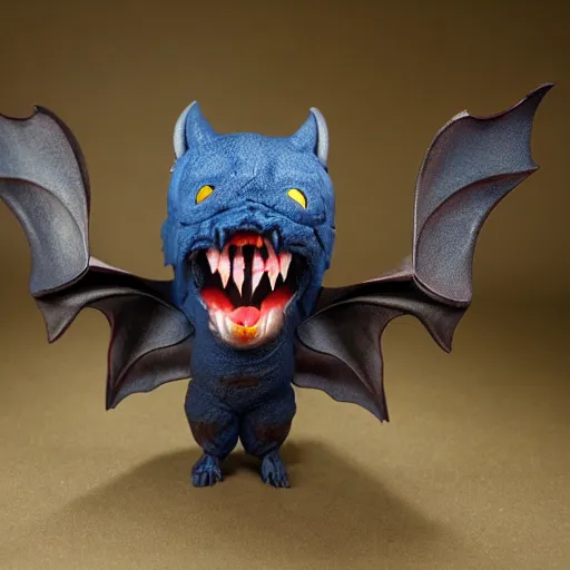 Image similar to detailed full body of scary giant mutant dark blue humanoid pygmy-bat, glowing red eyes, sharp teeth, acid leaking from mouth, realistic, giant, bat ears, bat nose, bat claws, bat wings, furred, covered in soft fur, detailed, 85mm f/1.4