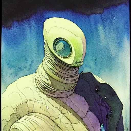 Image similar to a simple and atmospheric watercolour portrait of a pulp sci - fi alien from another dimension, very muted colors, by rebecca guay, michael kaluta, charles vess and jean moebius giraud
