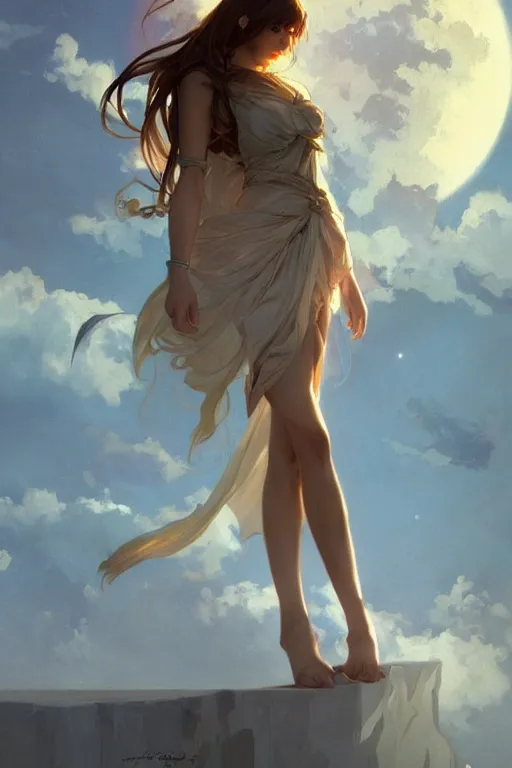 Prompt: professional model, fantasy, beautiful leg, long hair, girl, portrait, cloud sky and moon night background, high detail, concept art, digital art, illustration, smooth, sharp focus, greg rutkowski, alphonse mucha, trending on artstation, trending on deviantart,