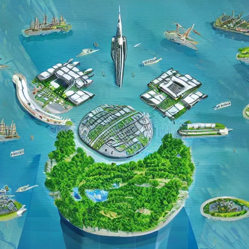 Prompt: a detailed map of a futuristic city located in an island with a lot of vegetation surrounded by water with a few flying ships stationed around it. editorial illustration, aerial illustration