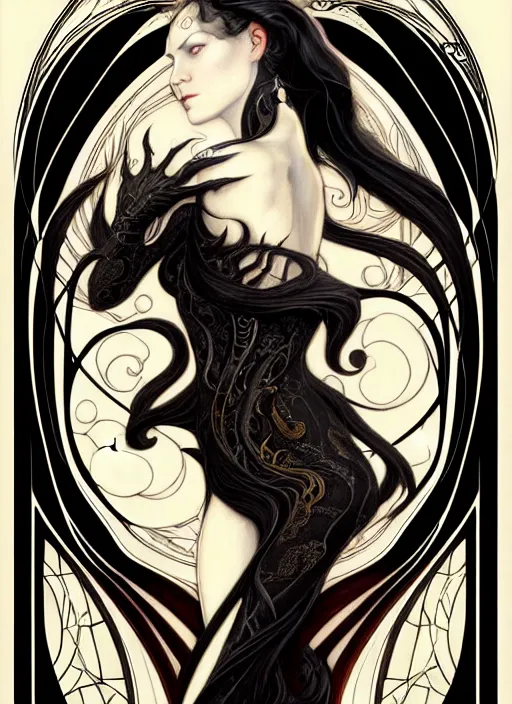 Image similar to an art nouveau, black dragon illustration in the style of charlie bowater, and in the style of donato giancola, and in the style of charles dulac. very large, clear, expressive, intelligent eyes. symmetrical, centered, ultrasharp focus, dramatic lighting, photorealistic digital painting, intricate ultra detailed background.