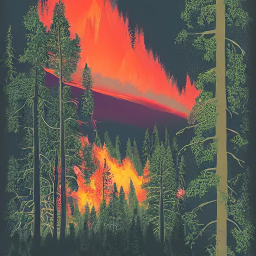 Prompt: forest fire in the Rocky Mountains, by Olly Moss, graphic design