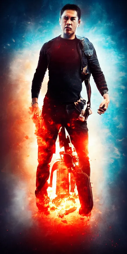 Prompt: Action movie poster with a guy holding a wallet, explosion and red rim light behind, 4K