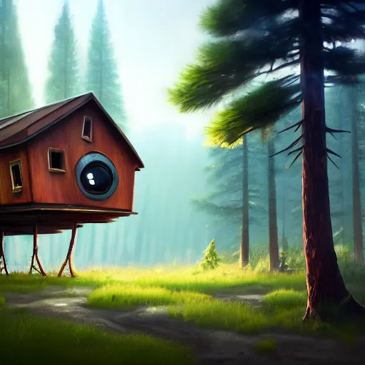 Prompt: a walking wood and metal house with two legs and one big eye, smoky chimney, rust, hyperrealistic, highly detailed, cinematic, single ray of sun, morning, pareidolia, dynamic composition, gravity falls style, disney, ghibli, beautiful, pine trees in the background, cgssociety, artstation, 8 k, oil painting, digital art