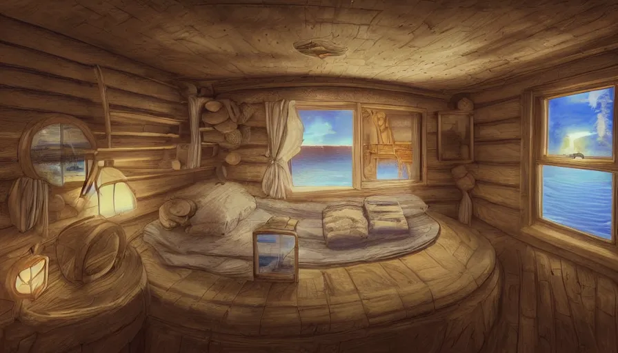 Prompt: a small cabin on a ship. there's a porthole and a bed, digital art, highly detailed, realistic, bright colors, 8 k