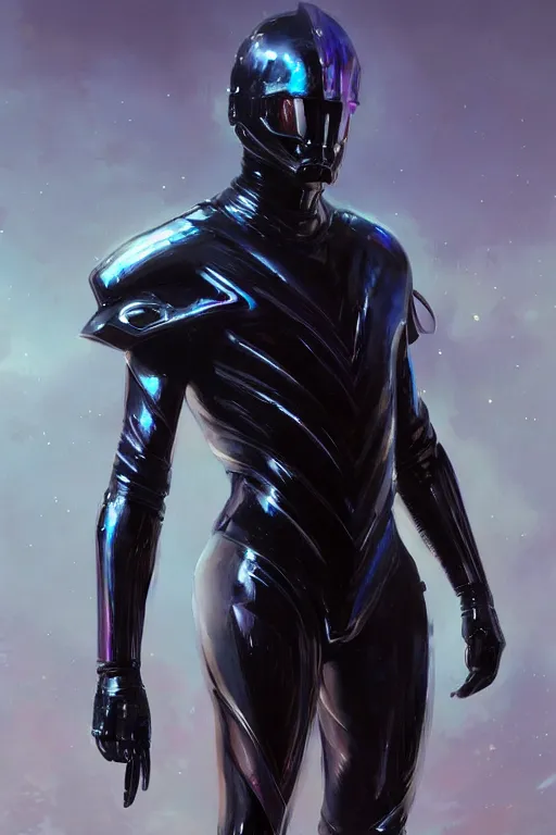 Image similar to iridescent sinewy smooth muscular male sleek glossy black pearlescent scifi armor with smooth black featureless helmet, by greg rutkowski, mark brookes, jim burns, tom bagshaw, magali villeneuve, eve ventrue, trending on artstation