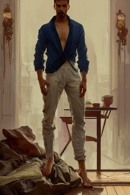 Prompt: full body portrait of a single beautiful young fit man, modern haircut, open shirt, large pants, bare feet, by greg rutkowski and alphonse mucha, d & d character, in front of a modern room background, highly detailed portrait, digital painting, artstation, concept art, smooth, sharp focus ilustration, artstation hq