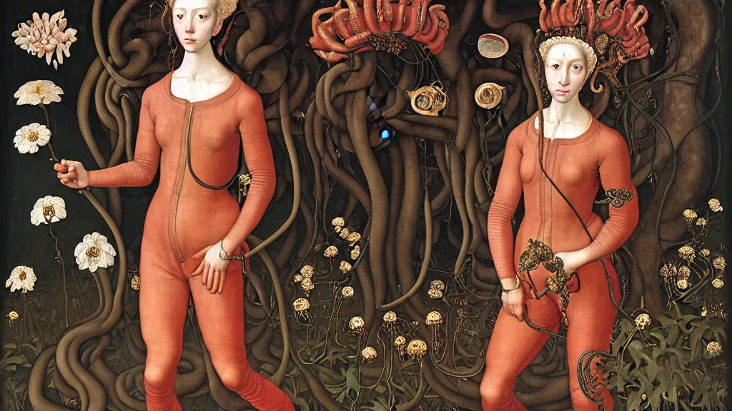 Prompt: portrait of medusa, wearing a jeans jackets, a high collar t - shirt and baggy jeans, in the style of rogier van der weyden and jacopo da pontormo, standing in a botanical garden full of serpents and luxuriant flowers, bjork aesthetic, masterpiece, cyberpunk, asian art, intricate details, highly detailed