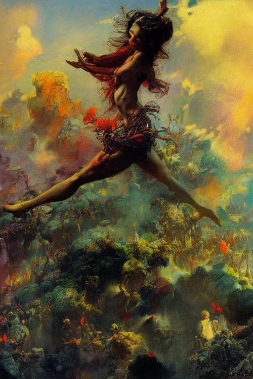 Image similar to rainbow dream, fantasy, trending on art station, highly detailed, dramatic by frank frazetta, ilya repin, 8k,