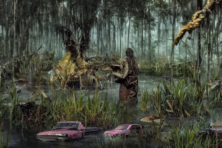 Image similar to hyperrealism, scene from louisiana swamps, starship, spring blooming flowers garden, true detective, 8 0 s japanese sci - fi books art