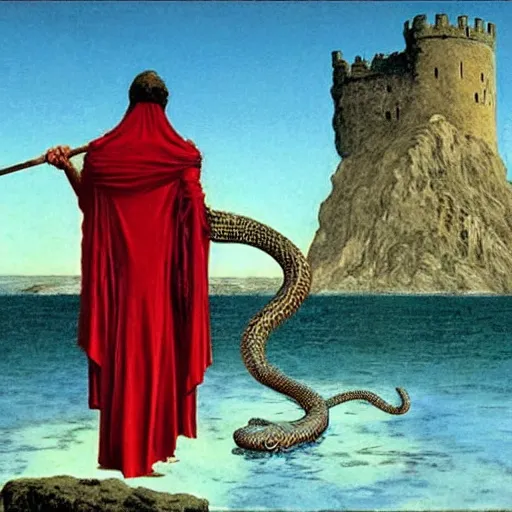 Image similar to flowing, evocative by robert mcginnis. a beautiful body art of a horned, red - eyed, skeleton - like creature, with a long black cape, & a staff with a snake wrapped around it, standing in front of a castle atop a cliff.