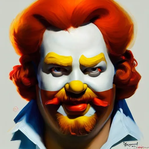 Image similar to greg manchess portrait painting of ronald mcdonald as overwatch character, medium shot, asymmetrical, profile picture, organic painting, sunny day, matte painting, bold shapes, hard edges, street art, trending on artstation, by huang guangjian and gil elvgren and sachin teng