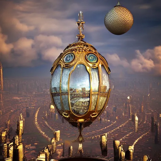 Image similar to enormous city in a faberge egg, sky, steampunk, fantasy art, masterpiece, octane render