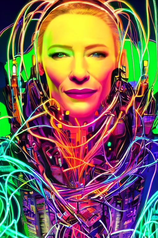 Prompt: cate blanchett with cyber headgear surrounded by wires, neon colors, oil on canvas, strong lighting, by Josan Gonzalez, HD, 4K