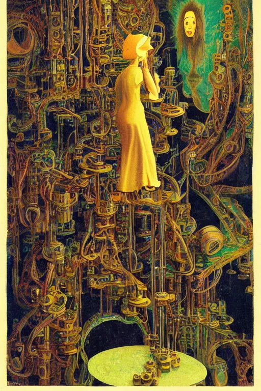 Prompt: realistic portrait of an engineer woman fixing the samsara holy cluster, fine portrait, concept art, stunning, in the style of brecht evens and jean delville