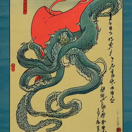 Image similar to ukiyo-e of Cthulhu rising from the depths