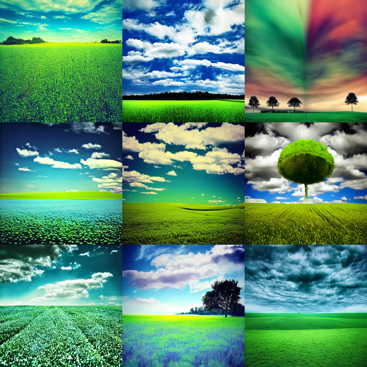 Prompt: surreal photography of a blu field, a green sky, surreal photography