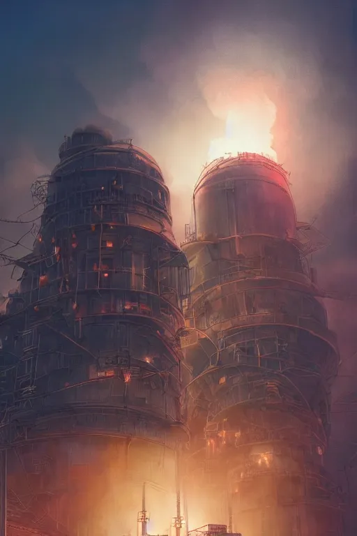 Image similar to a highly detailed matte painting of a soviet steampunk nuclear power station on fire at night by studio ghibli, makoto shinkai, by artgerm, by wlop, by greg rutkowski, volumetric lighting, octane render, 4 k resolution, trending on artstation, masterpiece