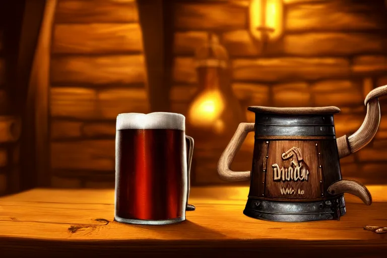 Image similar to closeup of a wooden tankard of ale in a medieval cozy tavern, digital painting, artstation, concept art, smooth, sharp focus, illustration