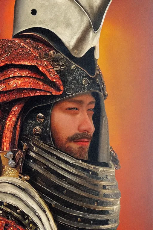 Prompt: hyperrealism oil painting, close-up portrait of medieval euopean fashion model, knight, steel gradient mixed with fire sky, in style of baroque mixed with 70s japan book art