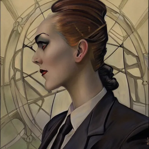 Image similar to a streamline moderne, art nouveau, ( ( dieselpunk ) ) painting in the style of charlie bowater, and in the style of donato giancola, and in the style of charles dulac. symmetry, smooth, sharp focus, semirealism, intricate symmetrical ultrafine background detail.