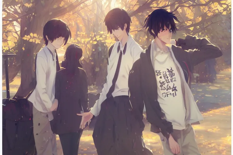 Prompt: boy's love anime high school scene spring setting, noon time, high detail concept art, perfect proportions tall handsome young men, realistic shaded lighting poster ilya kuvshinov, katsuhiro, jeremy lipkin and michael germash, makoto shinkai, loish and clamp style, trending on art station, best selling artist