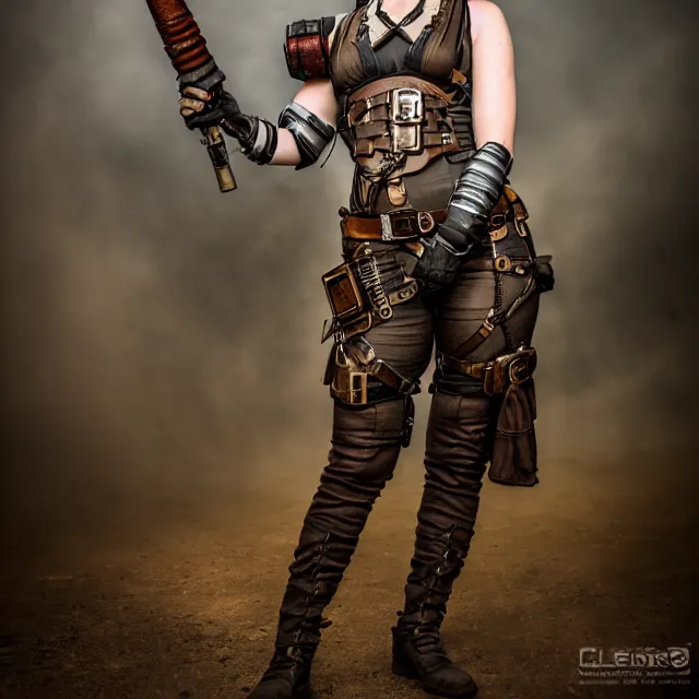 Image similar to full length photo of a very beautiful female dieselpunk warrior, 8 k, hdr, smooth, sharp focus, high resolution, award - winning photo