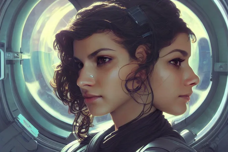 Image similar to Sensual beautiful female pale young Indian doctors wearing Deus Ex Human Revolution clothing in a space station above Earth, portrait, elegant, intricate, digital painting, artstation, concept art, smooth, sharp focus, illustration, art by artgerm and greg rutkowski and alphonse mucha