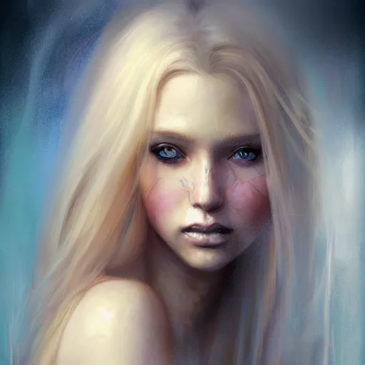 Prompt: painting of a woman, long blonde hair, blue eyes, by Bastien Lecouffe-Deharme colorful woman 4k very-detailed high-quality portrait, deviantart, artstation