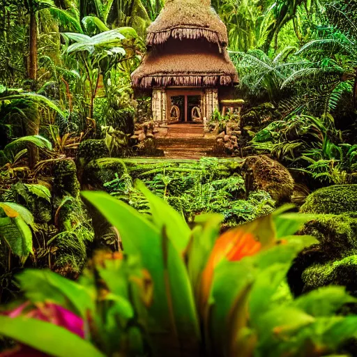 Image similar to a jungle temple surrounded by tropical flowers and moss, with a sunset, by alex horley, bokeh photography