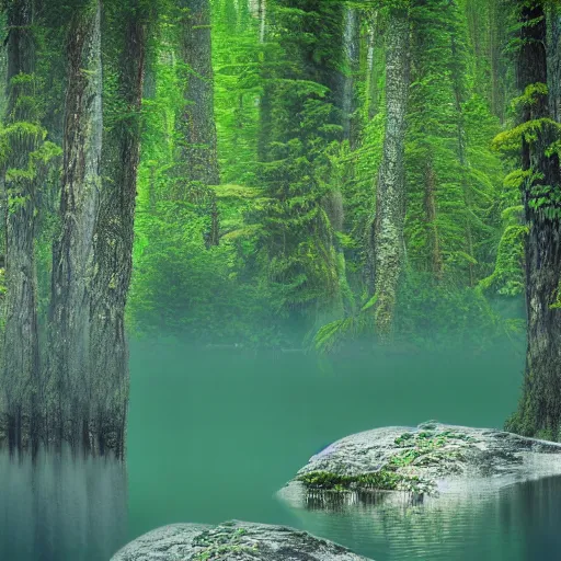 Image similar to photo of an ethereal forest with a purple fjord water full and lake, highly detailed, 4k