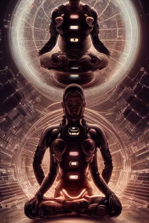 Prompt: Meditating cyborg with many cybernetic implants and wiring, sitting in a lotus pose, slightly smiling, techno-optimism, utopia, sci-fi, hyperrealist, centered, wide angle shot, shart focus, detailed, intricate, 4k UHD, creative lighting, digital painting by Greg Rutkowski, face by artgerm, digital art, trending on artstation, top post of all time on /r/transhumanism subreddit