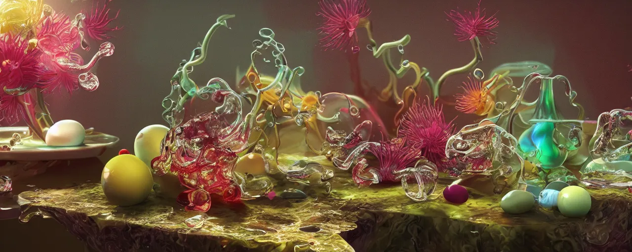 Prompt: ultradetailed minimalistic still life with jelly flowers by ernst haeckel, caravaggio, roger dean and andrei tarkovsky, slime and tentacles, wide angle, cinematic, octane render, bokeh, unreal engine, 4k 3d render