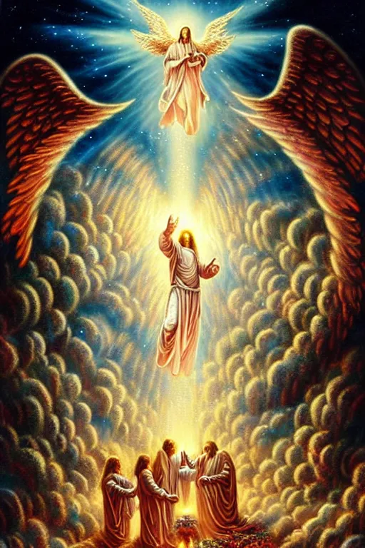 Prompt: a photorealistic detailed cinematic image of angels guiding a departed soul to god the father, crossing the ornate portal to the afterlife. met by friends and family, overjoyed, emotional by pinterest, david a. hardy, kinkade, lisa frank, wpa, public works mural, socialist