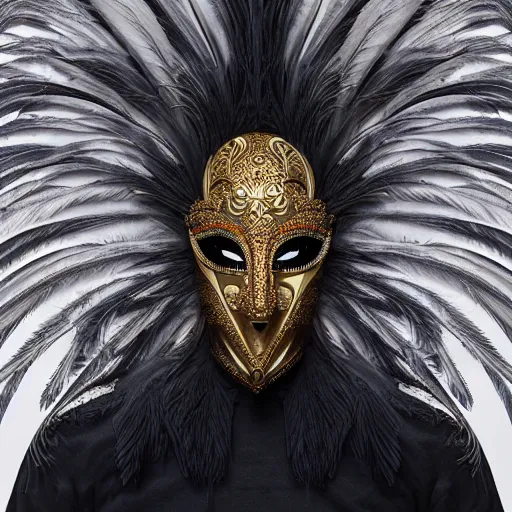 Image similar to an elaborate intricate mask made of feathers in swirling wind, rendered in octane, behance hd, bokeh backdrop