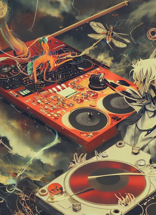 Prompt: surreal gouache painting, by yoshitaka amano, by ruan jia, by Conrad roset, by good smile company, detailed anime 3d render of a magical Vinyl Discos flying, DJ Mixer, deck surrounded by Dragonfly ,flying discos , controller, portrait, cgsociety, artstation, rococo mechanical and Digital and electronic, dieselpunk atmosphere