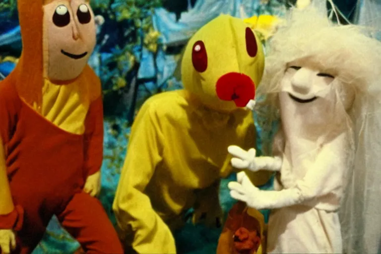 Prompt: a color still from a weird 1972 kids tv show where a sad cheese puppet and a furry ghost have a tickle party with death tent