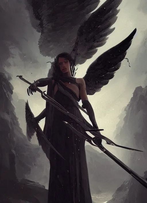 Image similar to a portrait of a beautiful angel of death with black wings holding a large scythe by marco bucci and greg rutkowski, sharp focus, detailed, cinematic, closeup