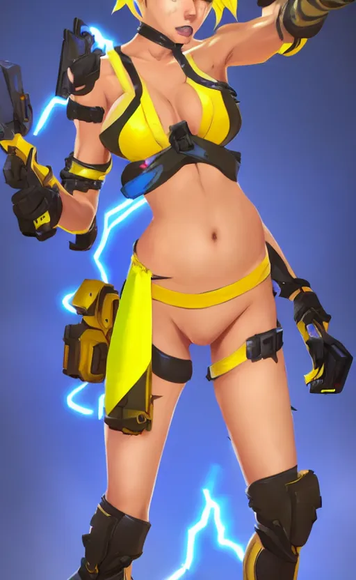 Image similar to tracer game character, in yellow bikini, blonde hair, black eyes, full height
