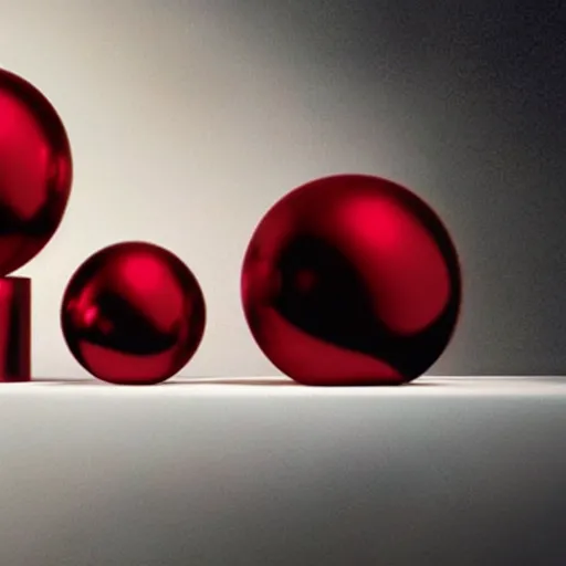 Prompt: chrome spheres on a red cube by mary jane ansell