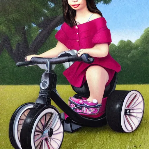 Prompt: Miranda Cosgrove on a tricycle, lowbrow painting by Mark Ryden and Artgerm