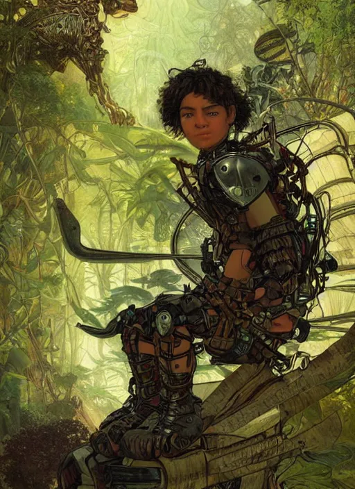 Image similar to portrait of a little cyborg warrior boy character sitting on top of a giant armored tiger a lush jungle, epic character with dark skin and beautiful green eyes. the boy has a very beautiful detailed symmetrical face, long black hair. diffuse night light, dramatic landscape, fantasy illustration, matte painting by mucha