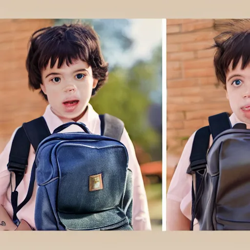 Image similar to realistic portrait 3 5 mm camera shot of a young child with a school bag very detailed, hyperrealistik 4 k